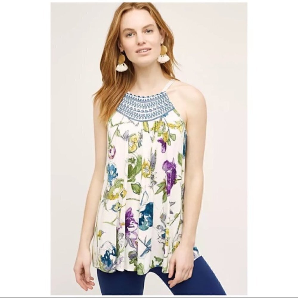 Anthropologie One September Isabel Floral Embroidered High Neck Tank Top XS